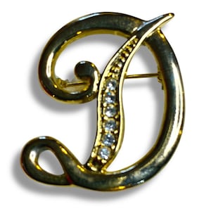 Vintage Goldtone "D" Initial Script Brooch Rhinestones 1.5"