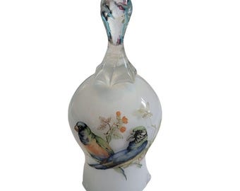 Glass Parrot Bird Scalloped Hand Dinner Bell Vintage White Clear Vintage