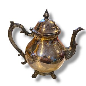 May include: A silver-colored teapot with a rounded body, ornate handle, and spout. The lid is topped with a decorative finial. The teapot sits on three small feet. The surface reflects the surrounding environment.