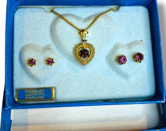 Vintage Simulated Amethyst Goldtone Necklace Earring Set New Old Stock Heart
