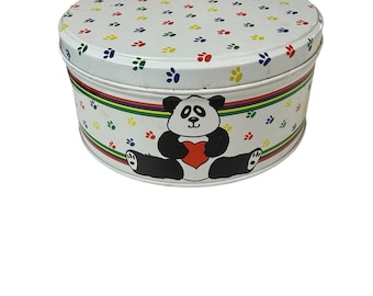 Tin Box Company Of America 1985 Panda Bear Low Round Lidded Heart Paws Rainbow