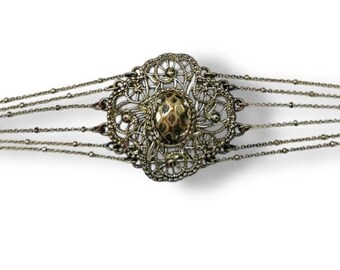 1960s Signed NRI Silvertone Bracelet Art Deco Inspired 7.25-8.5"