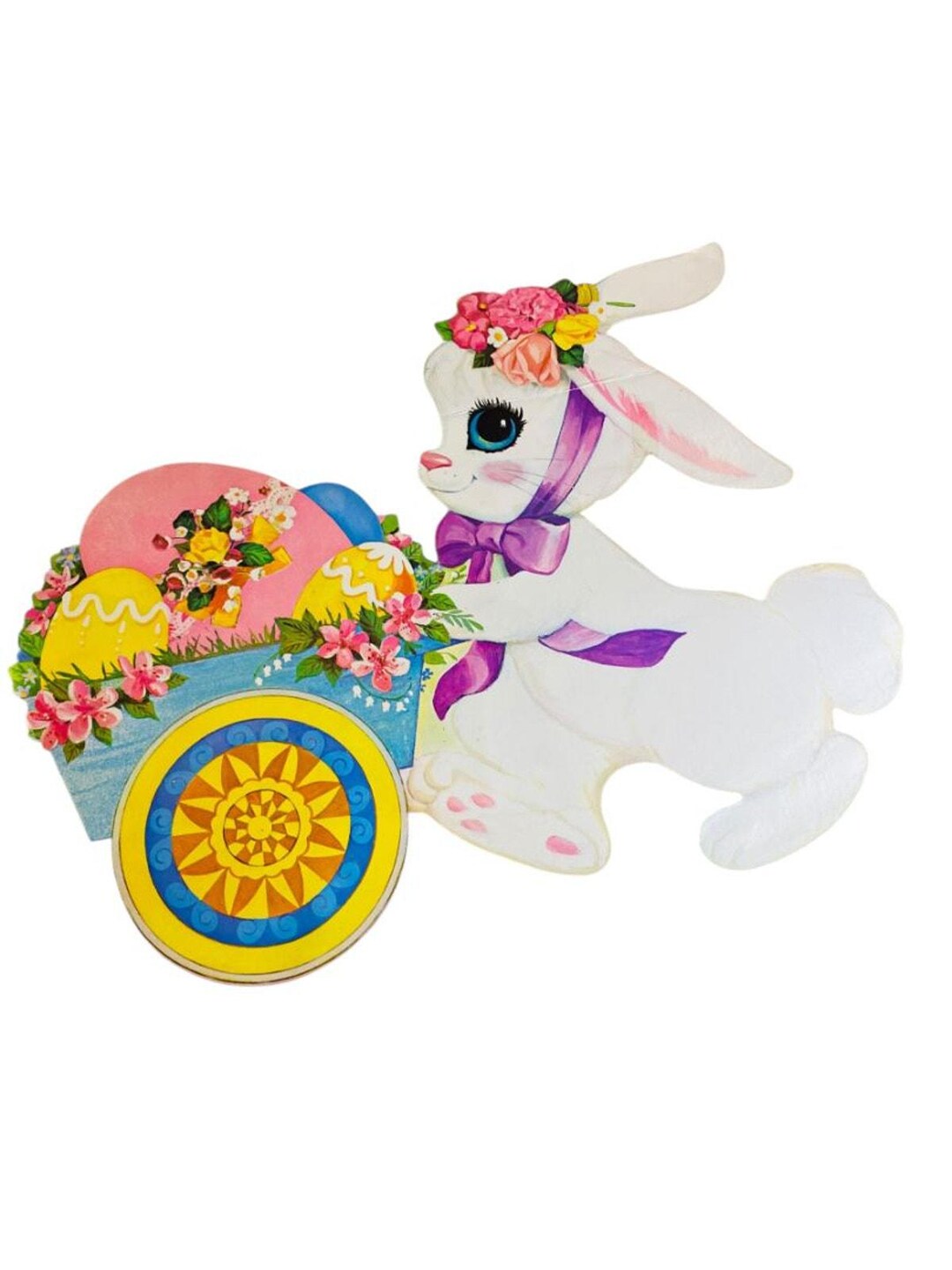 Vintage Easter Bunny Rabbit Wheelbarrow Die Cut Decor 16
