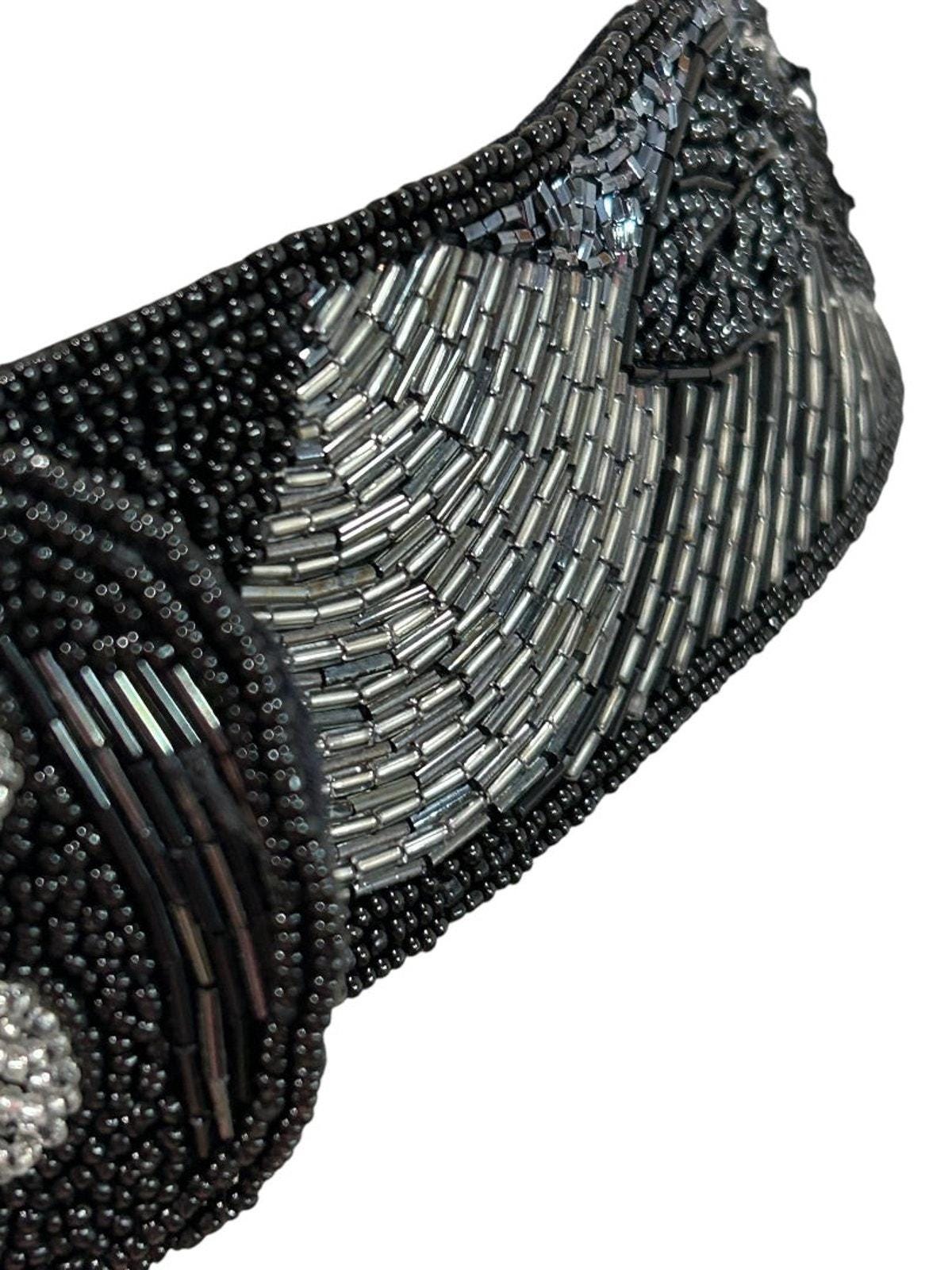 Vintage Beaded Black Silvertone Womens Belt Hook & Loop  display picture 1