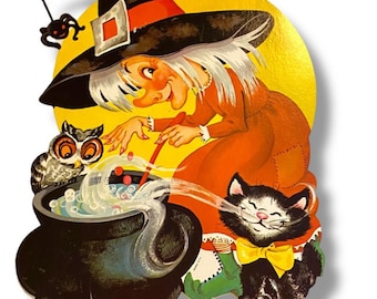 May include: Vintage Halloween-themed illustration featuring a witch stirring a cauldron with an owl and a black cat. The witch wears a black hat with an orange band and a long orange dress. A yellow moon shape is behind the witch.