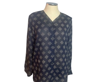 Size 6 Chaus Women's New Sheer Dark Navy Blue Button Up Blouse 1990s Vintage