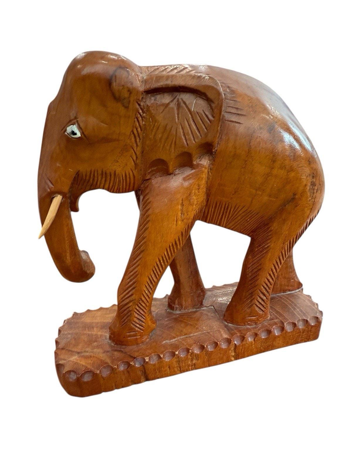 手彫り木製象の置物 7インチ 彫像装飾 フェイク牙付き ヴィンテージ