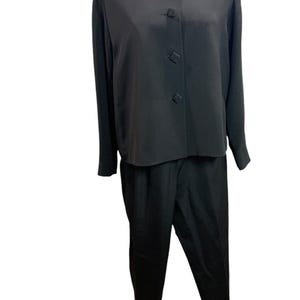 Size 12 Sansappelle Womens Black Silk 2 Piece Suit Jacket Pants 1990s