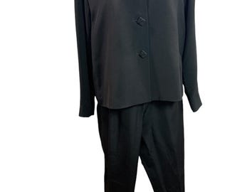 Size 12 Sansappelle Womens Black Silk 2 Piece Suit Jacket Pants 1990s