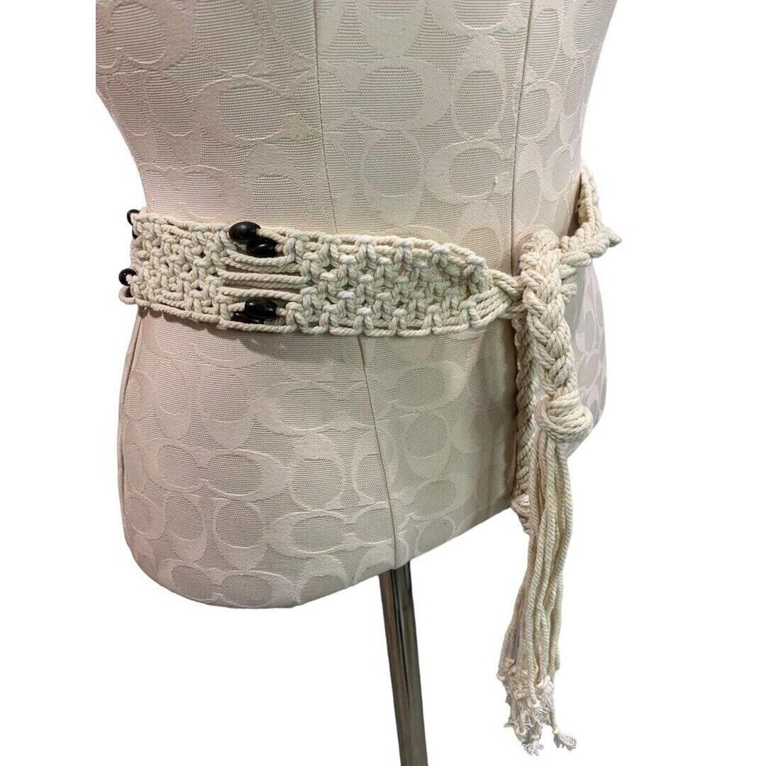 Vintage Boho Macrame Wooden Beaded Tie Belt Women display picture 2