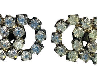 Vintage Pair Shoe Clips Rhinestone Silvertone Adjoining Circles .75 x 1 Inch