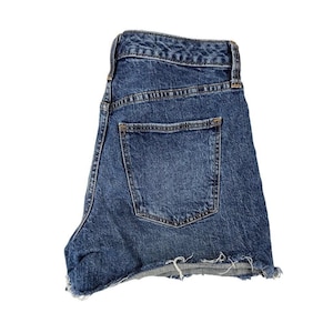 May include: Blue denim shorts with a classic five-pocket design. The shorts have a frayed hem and a button and zipper closure. The shorts are made of a medium-wash denim fabric.