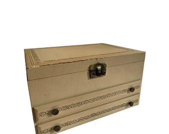 Vintage Cream Jewelry Box Red Velvet Lining 4 Tier Mirrored