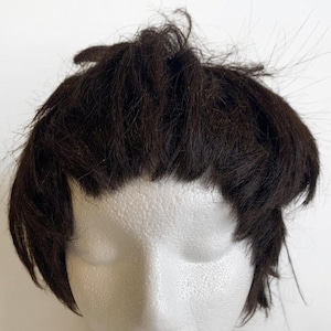 Puede incluir: Una peluca corta de color marrón oscuro con un estilo desordenado y entrecortado. La peluca está hecha de cabello sintético y está peinada con raya lateral.