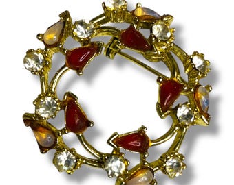 Vintage Goldtone Wreath Brooch Pin Orange Clear 1.5 Inch