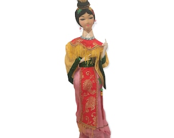 Vintage 24" Japanese Geisha Decorative Doll Collectible Pink Orange Kimono