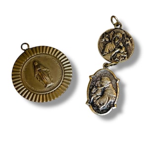Lot of 3 Vintage Religious Medal Charm Pendants One Relic Mary