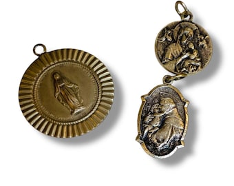 Lot of 3 Vintage Religious Medal Charm Pendants One Relic Mary