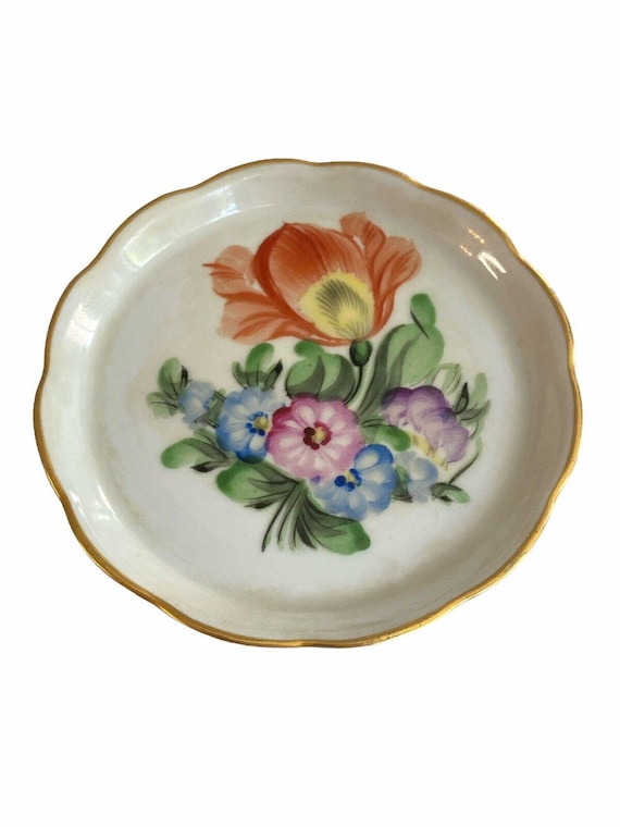 Vintage Herend Hungary Flower Hand Painted Round Scalloped Small