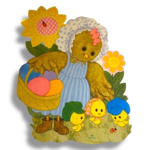 May include: Vintage Easter-themed die-cut decoration featuring a chick character in a blue striped dress and bonnet, carrying a basket of colorful eggs. Includes three smaller chicks and sunflowers.