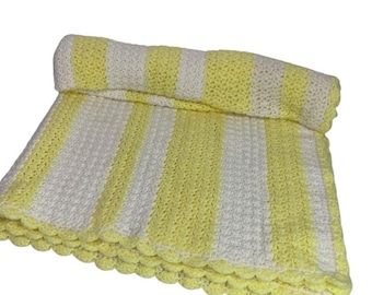 Vintage Crochet Afghan Blanket Pastel Yellow White Stripe 44" x 40"