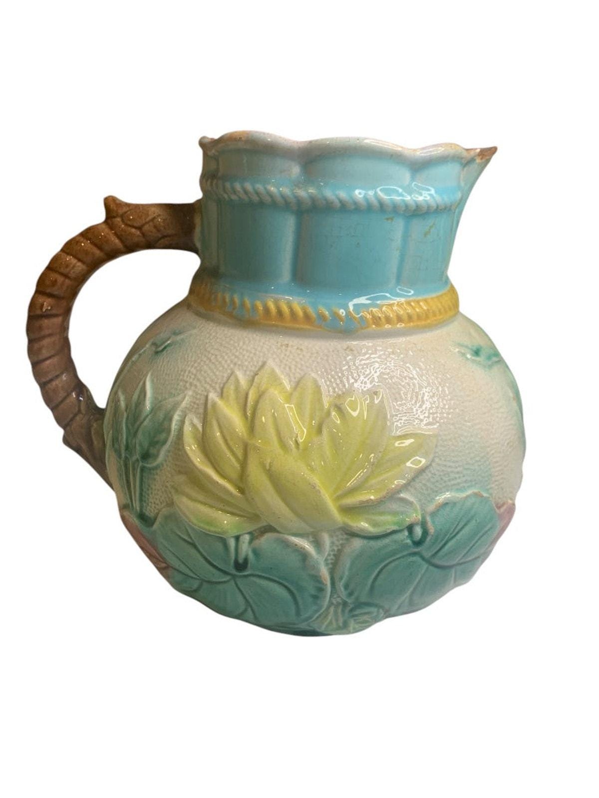 Samuel Lear Majolica Pitcher Water Pond Lily Rope Antique