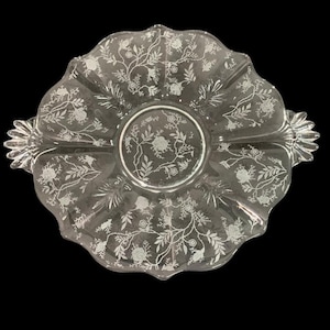 Fostoria Chintz Vintage Etched Glass Handled Cake Plate 10.25 Inch
