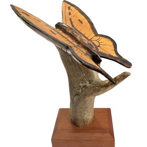 Vintage Folk Art Wood Butterfly Sculpture Hand Carved Wooden Figurine Natural
