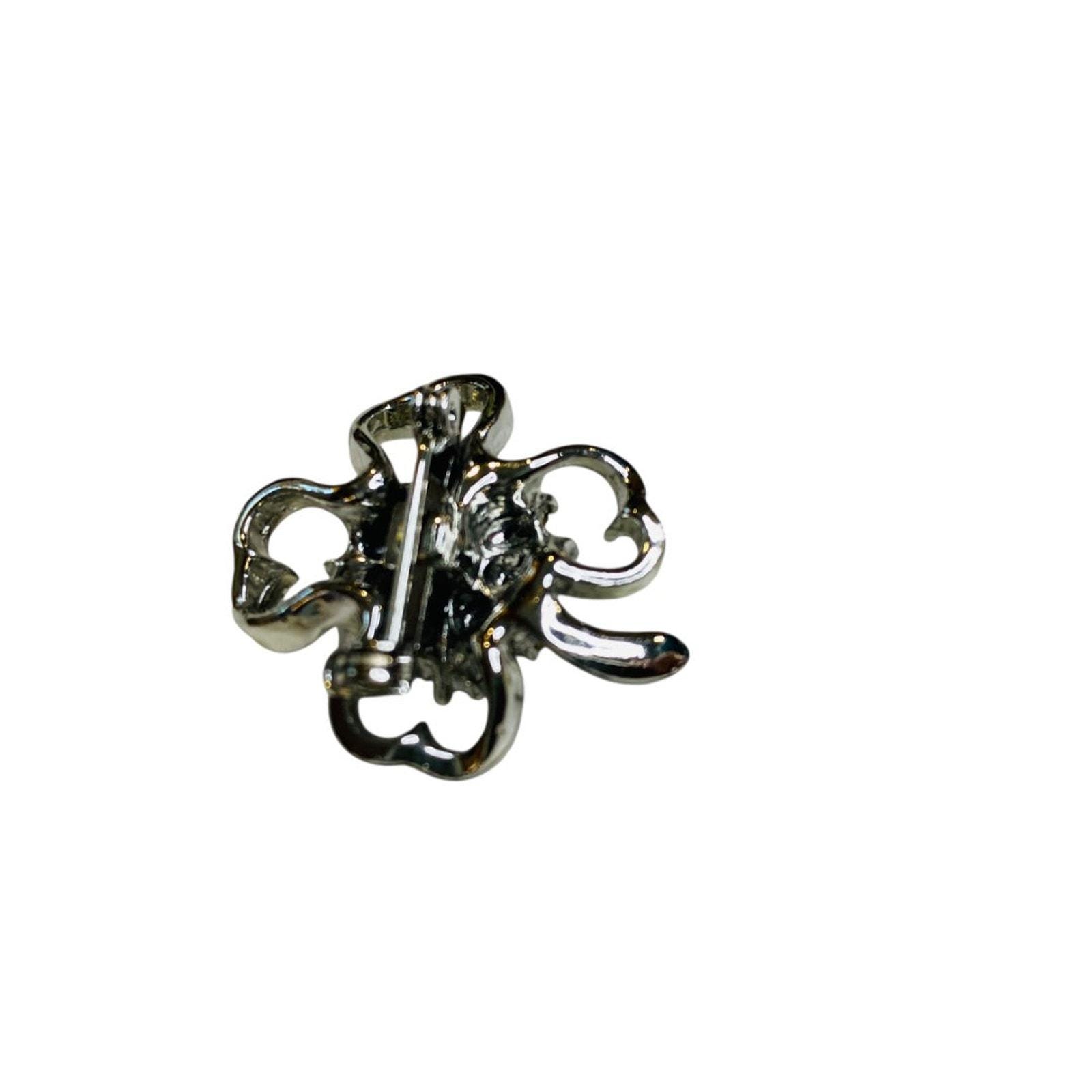 Broche Vintage Trèfle à Quatre Feuilles - Métal Argenté Et Verre - Début 1900 - Occasion