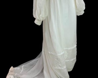 Vintage 1970s Wedding Dress Bishop Sleeve Ivory Detachable Train Defects