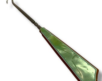 Vintage Enamel Button Hook Antique Boot Glove Fastener Green Handle