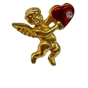 Vintage Goldtone Red Cupid Heart Lapel Pin Small .75 Inch