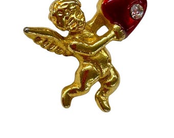Vintage Goldtone Red Cupid Heart Lapel Pin Small .75 Inch