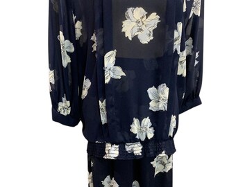 Size 20W Ms Russ Womens 1980s Sheer Skirt Shirt Outfit Navy Blue