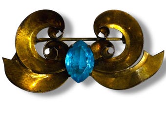 Vintage White Co Signed Gold Filled Brooch 1.75 Inch Bow Swirl Aqua