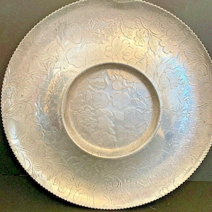 Vintage Handfinished Aluminum Tray Round 15.5 Inches Platter Floral