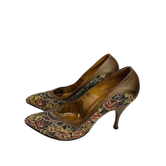 Size 5 Mademoiselle Women's Tapestry and Leather Heels 1960s