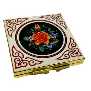 Vintage Floral Goldtone Compact Mirror Accessory 2.3&quot; Square