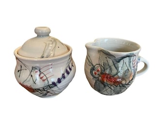 Jim Reno Folk Art Pottery Sugar Bowl and Creamer Set Dragonfly