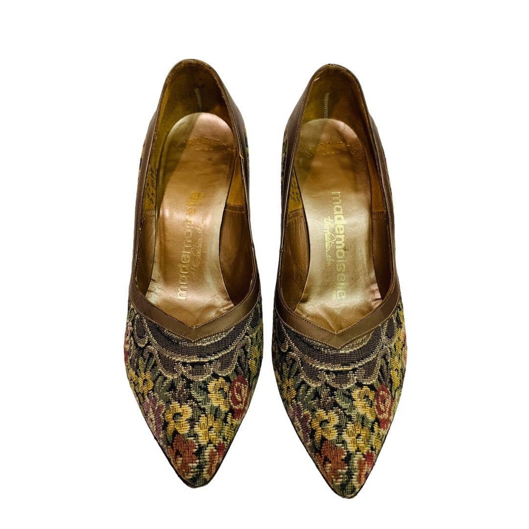 Size 5 Mademoiselle Women's Tapestry and Leather Heels 1960s