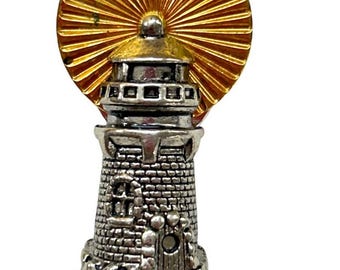 Vintage Signed Avon Lapel Pin Lighthouse Beacon 1.4" Goldtone Silvertone