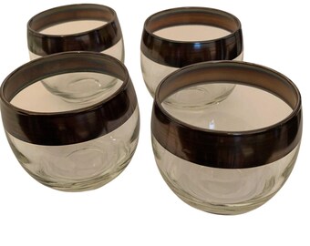 Set of 4 Midcentury Brandy Globe Glasses Metallic Trim Clear Glass Vintage