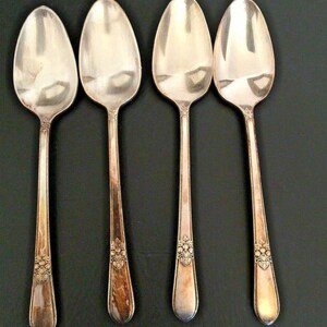May include: A set of four silver-toned metal spoons arranged in a row. Each spoon features a polished oval bowl and a slender handle decorated with a detailed floral motif at the base, transitioning into a smooth, tapered end with a beaded edge.