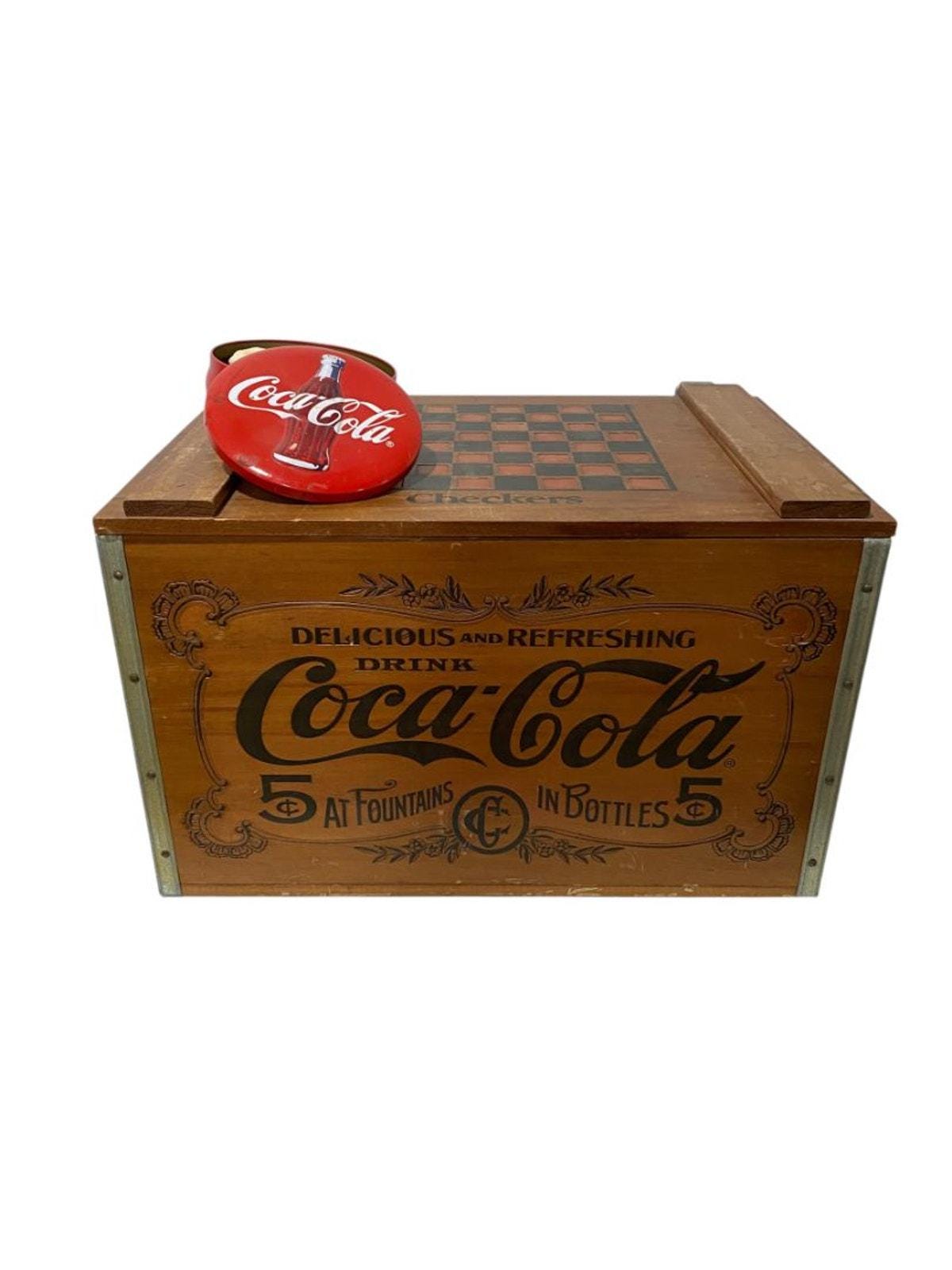 1990s Wooden Coca-cola Coke Checkers Hinged Crate Box With