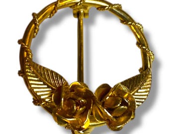 Vintage Goldtone Brooch Pin Wreath Rose 1 Inch Small