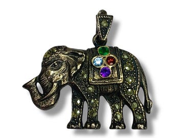 Vintage Elephant Silver Luck Pendant Stones Small 1 Inch
