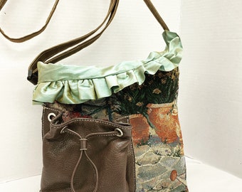 Handmade shoulder bag tote bag with leather pockets 12”x14”