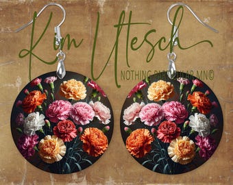 Birth Month Flowers, Carnations for January. Custom Designed, Handmade Earrings