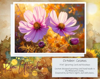 October Cosmos — A Bloom of Harmony and Open Hearted Joy. Handmade 5x7 Greeting Card.