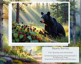 Bearly Berries. Custom Designed, Handmade 5x7 Greeting Card.